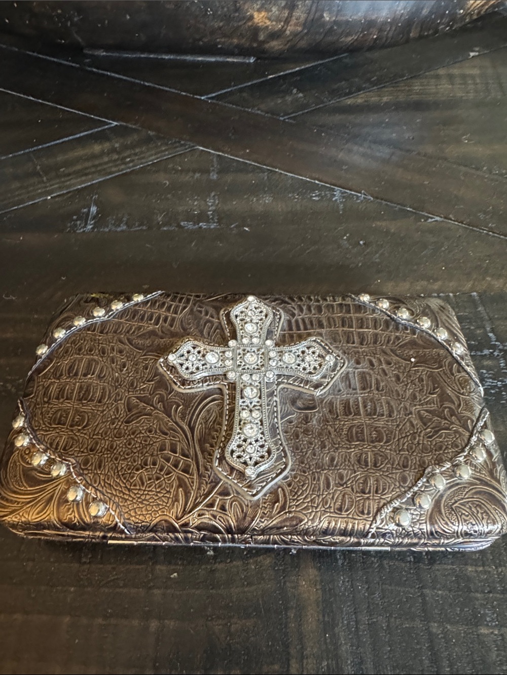 Rhinestone Cross Embellished Wallet - Metallic Brown